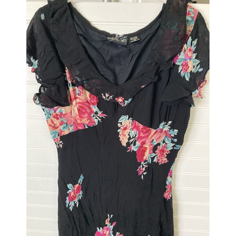Vintage Lola P. Floral Beaded Maxi Dress XL Ruffle Bias Cut Black Romantic - Picture 2 of 13